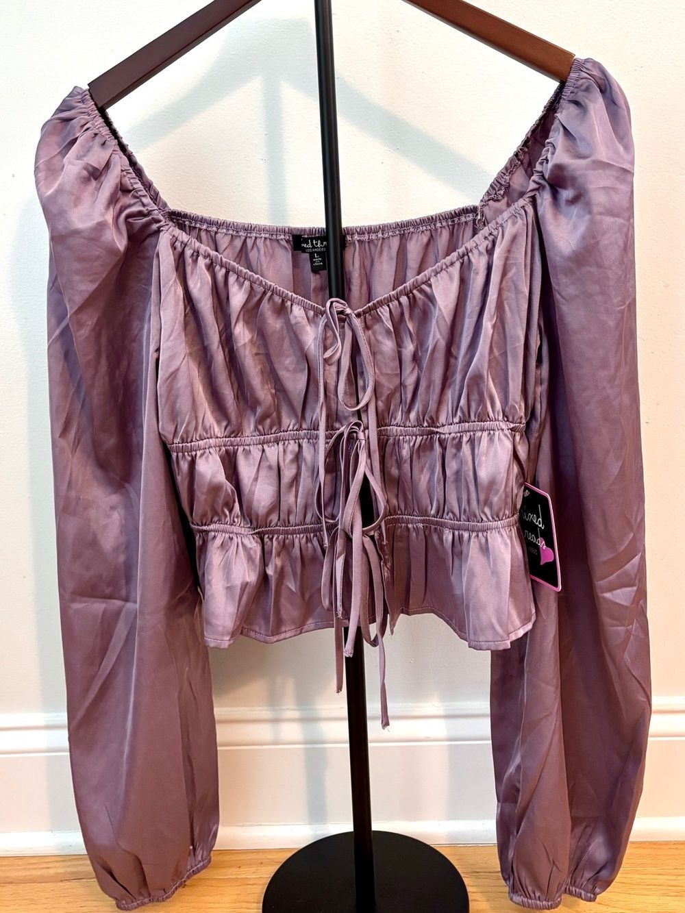Mixed Threads Satin Tie Front Corset Top Mauve Peplum Long Sleeve L NWT